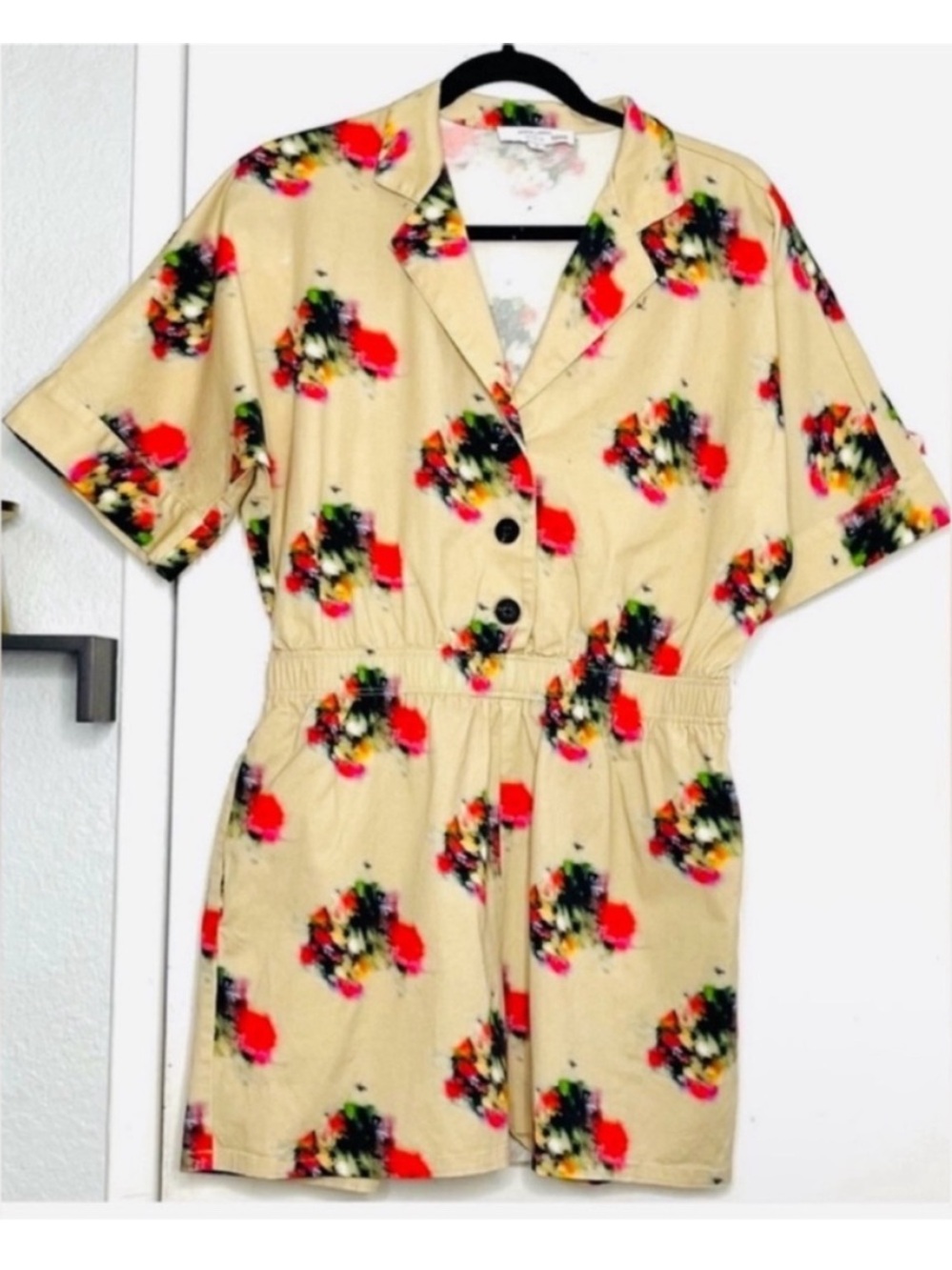 Adam Lippes Beige Floral-Print Romper with Red Accents Size 8
